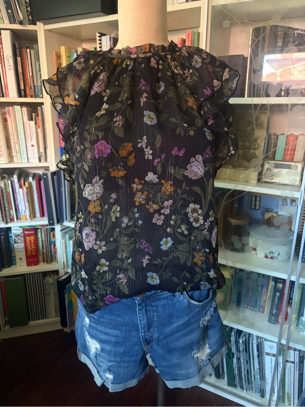 Floral Ruffle Sleeve Sheer Top - Black